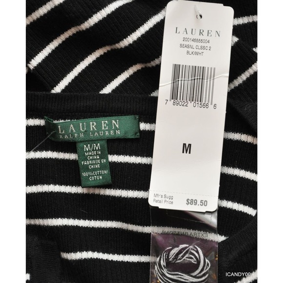 Lauren by Ralph Lauren KERWYN Striped Cotton Henley Sweater Black M/L Nwt $89 - Picture 5 of 5